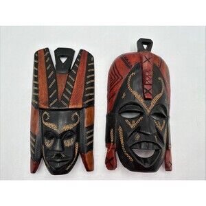 Set Of 2 Vintage Estate Kenya Hand Carved Wooden African Tribal Mask Folk Art